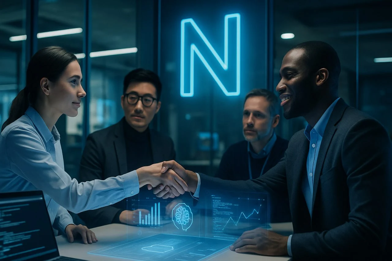 Business team collaborating with advanced technology